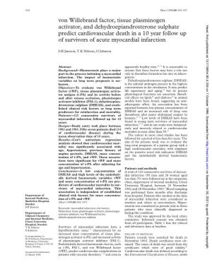 Von Willebrand Factor, Tissue Plasminogen Activator, and Dehydroepiandrosterone Sulphate Heart: First Published As 10.1136/Hrt.80.4.334 on 1 October 1998