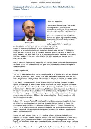 Europe Speech to the Konrad Adenauer Foundation by Martin Schulz, President of the European Parliament