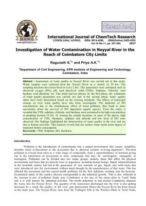 Investigation of Water Contamination in Noyyal River in the Reach of Coimbatore City Limits