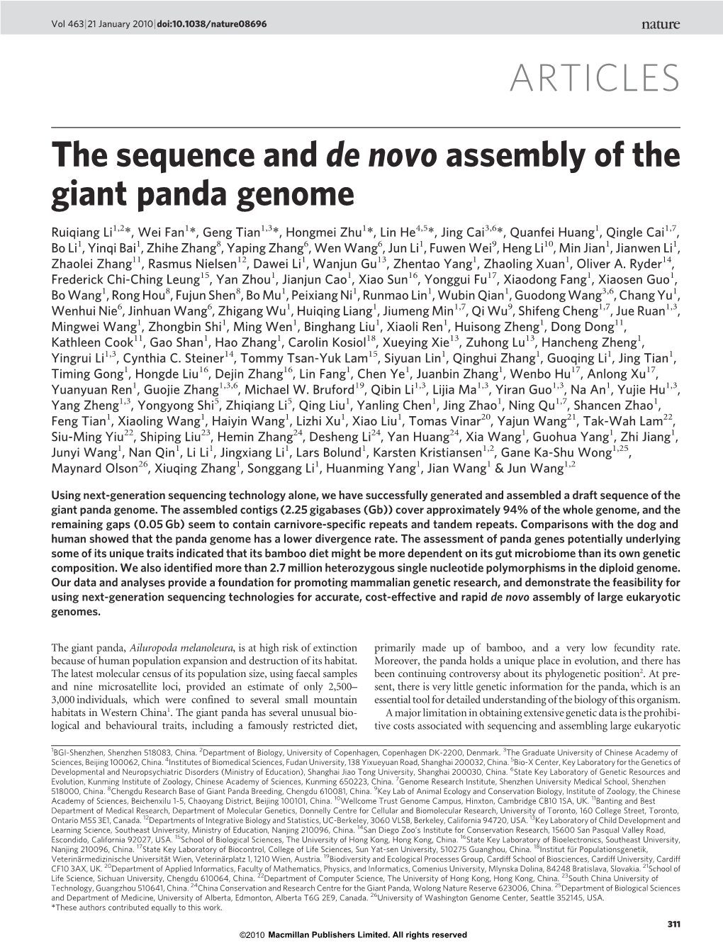 The Sequence and De Novo Assembly of the Giant Panda Genome