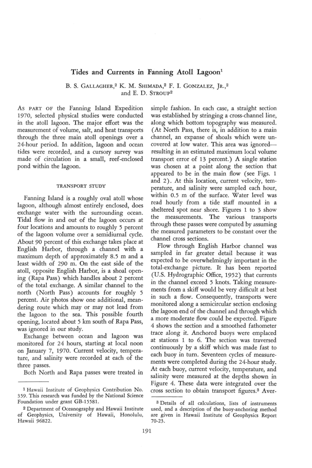 Tides and Currents in Fanning Atoll Lagoonl