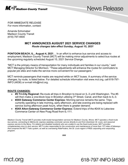 MCT ANNOUNCES AUGUST 2021 SERVICE CHANGES Route Changes Take Effect Sunday, August 15, 2021