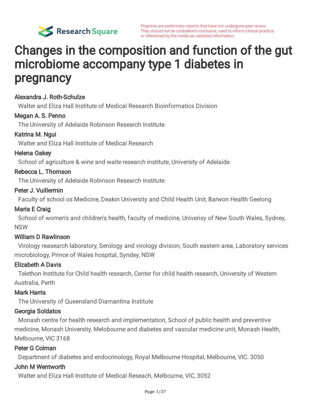 Changes in the Composition and Function of the Gut Microbiome Accompany Type 1 Diabetes in Pregnancy