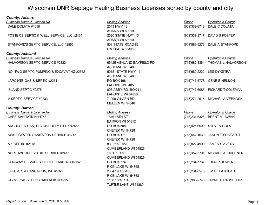 Wisconsin DNR Septage Hauling Business Licenses Sorted by County and City