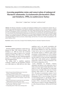Assessing Population Status and Conservation of Endangered Marmaris Salamander, Lycisalamandra Flavimembris (Mutz and Steinfartz, 1995), in Southwestern Turkey