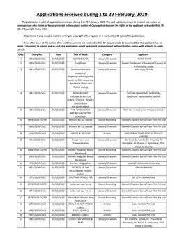 Applications Received During 1 to 29 February, 2020