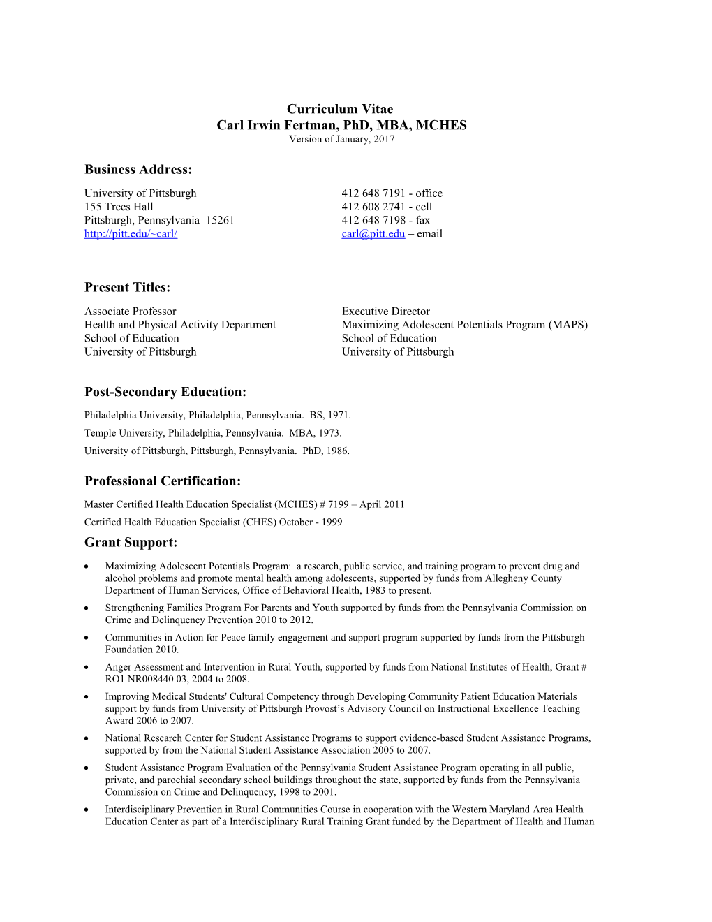 Curriculum Vitae of Carl Irwin Fertman, Ph