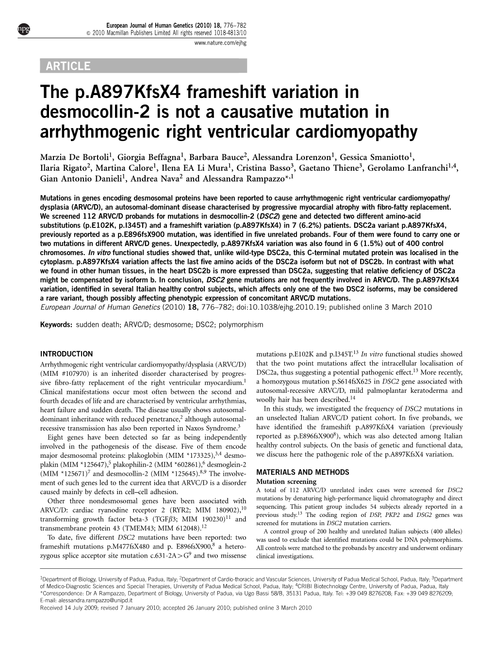 The P.A897kfsx4 Frameshift Variation in Desmocollin-2 Is Not a Causative Mutation in Arrhythmogenic Right Ventricular Cardiomyopathy