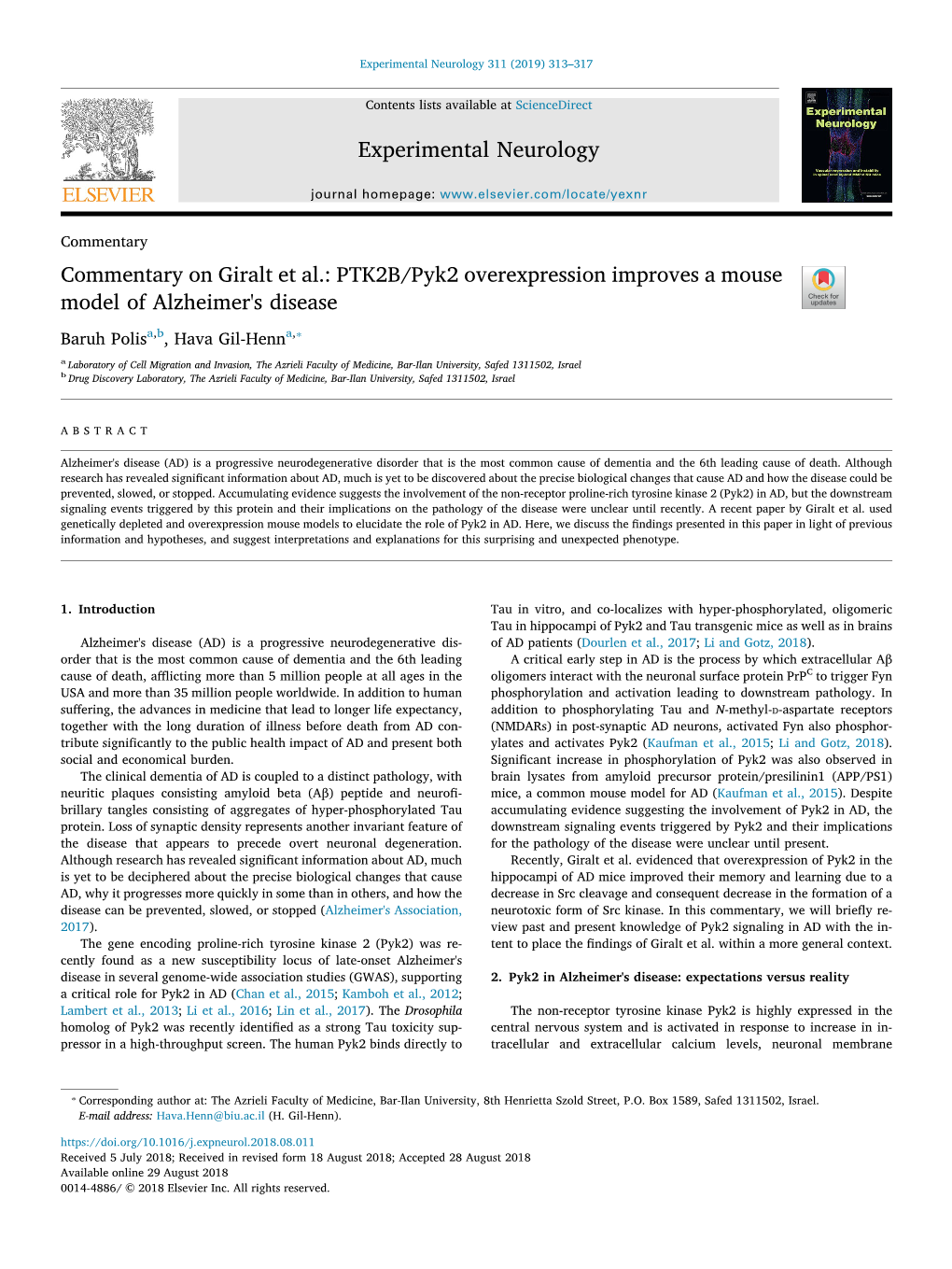 PTK2B/Pyk2 Overexpression Improves a Mouse Model of Alzheimer's