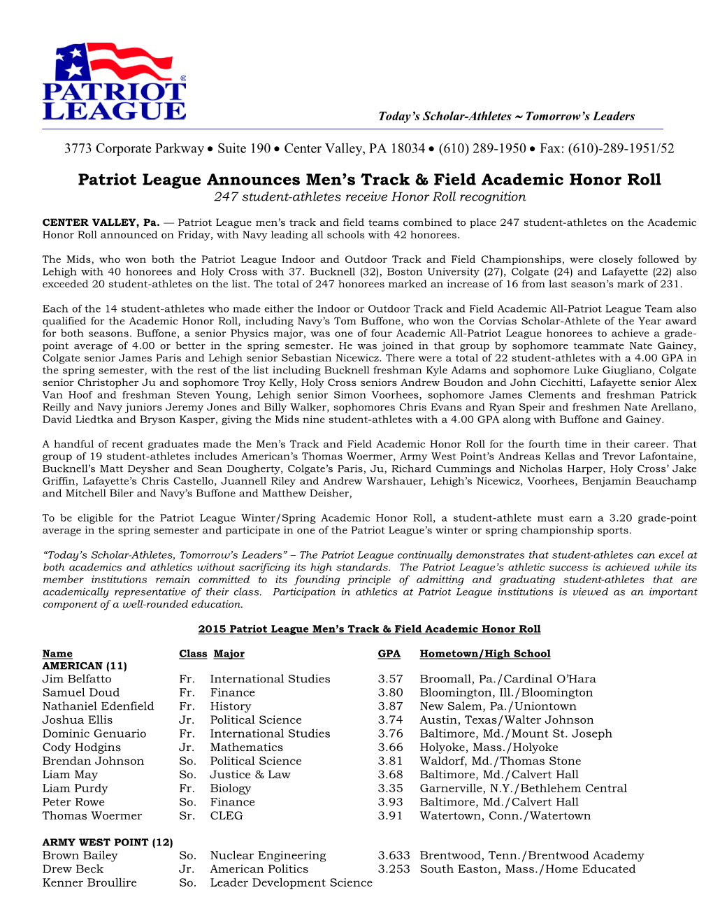 Patriot League Announces Men's Track & Field Academic Honor Roll