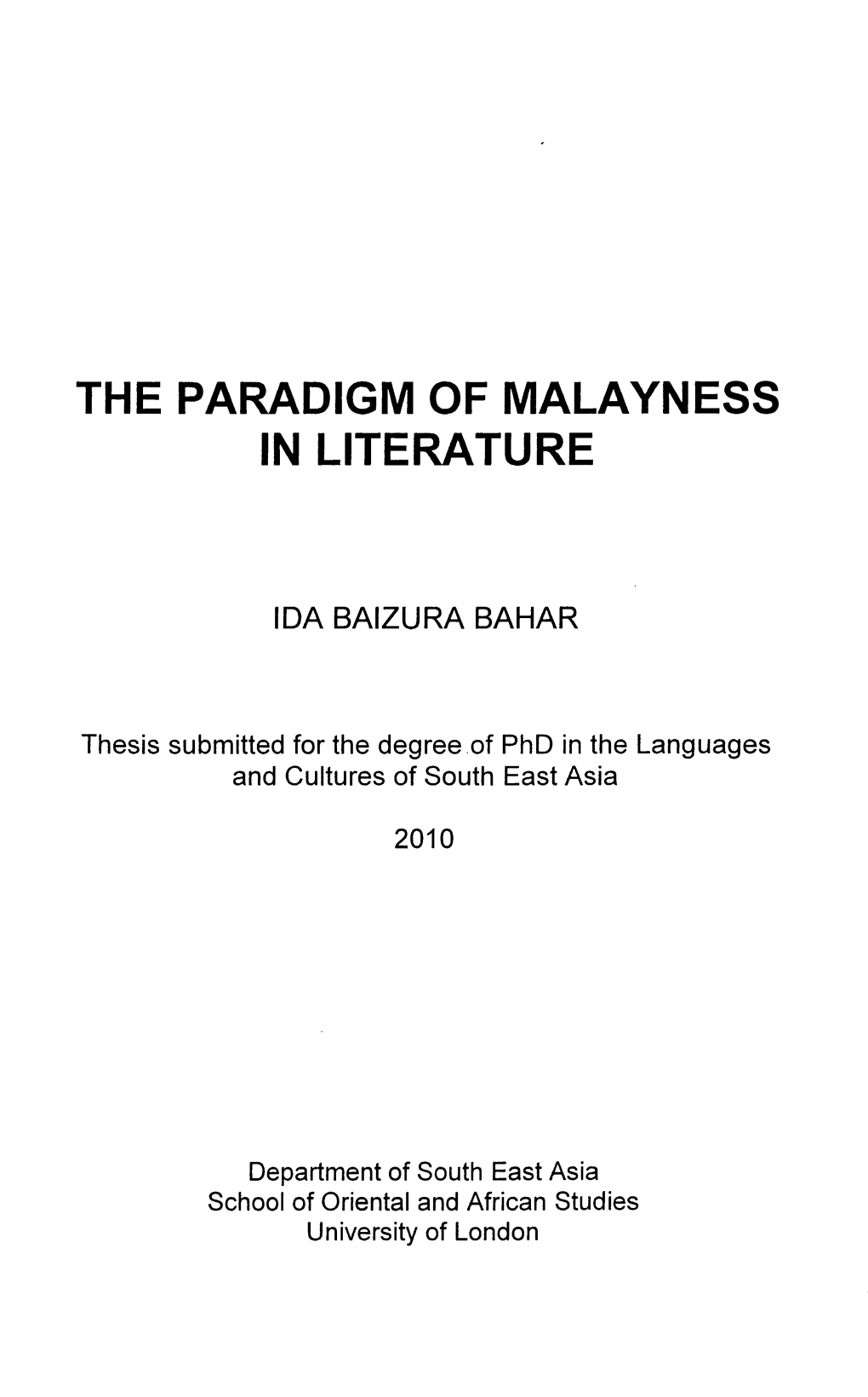 The Paradigm of Malayness in Literature