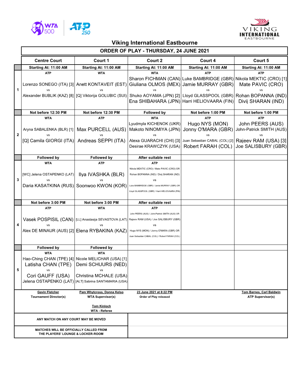 Viking International Eastbourne ORDER of PLAY - THURSDAY, 24 JUNE 2021