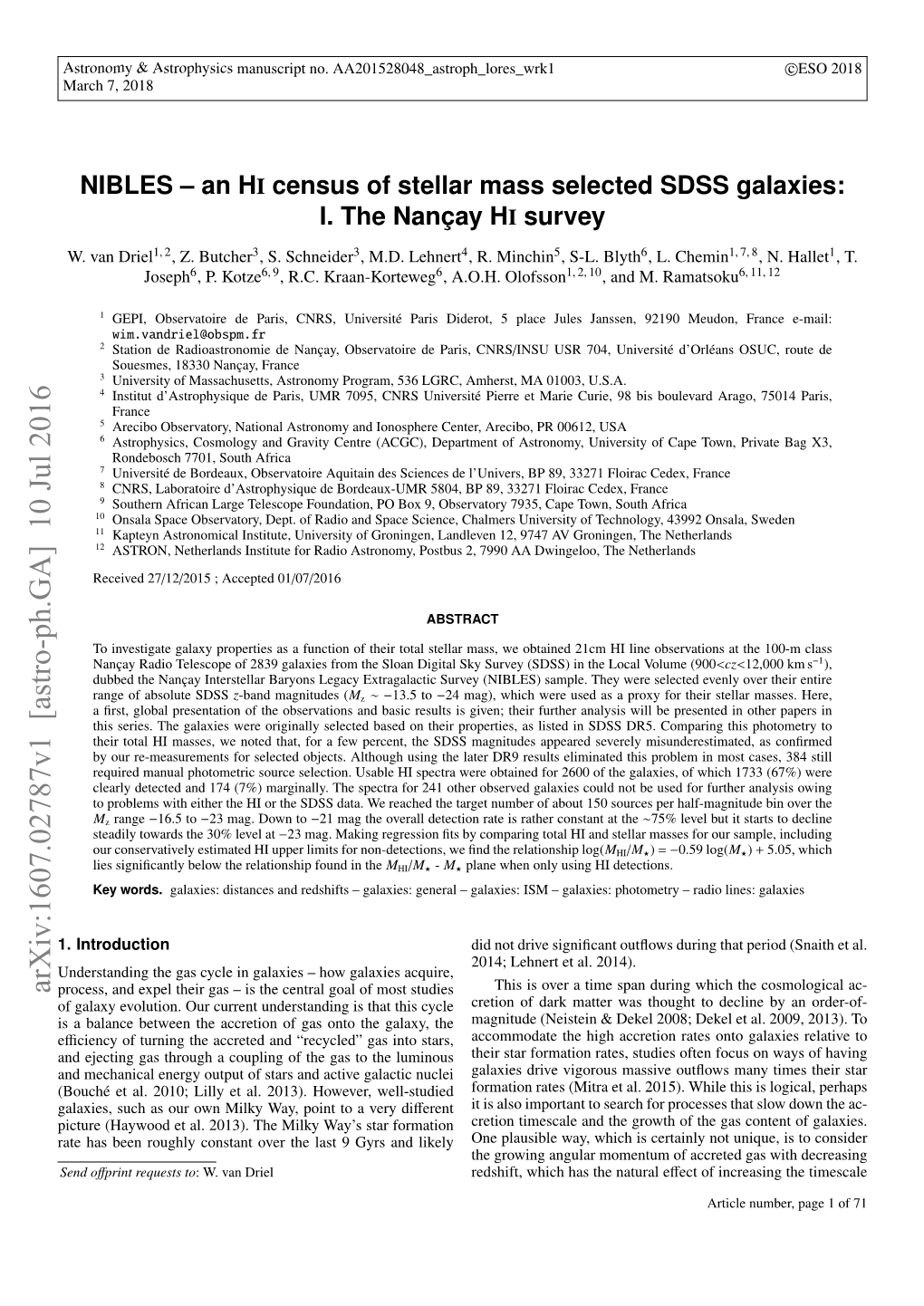 NIBLES – an HI Census of Stellar Mass Selected SDSS Galaxies: I