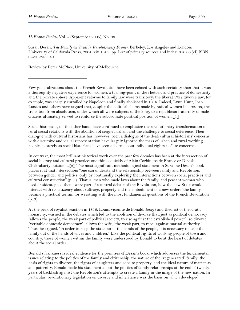 (September 2005), No. 98 Susan Desan, the Family on Trial in Re