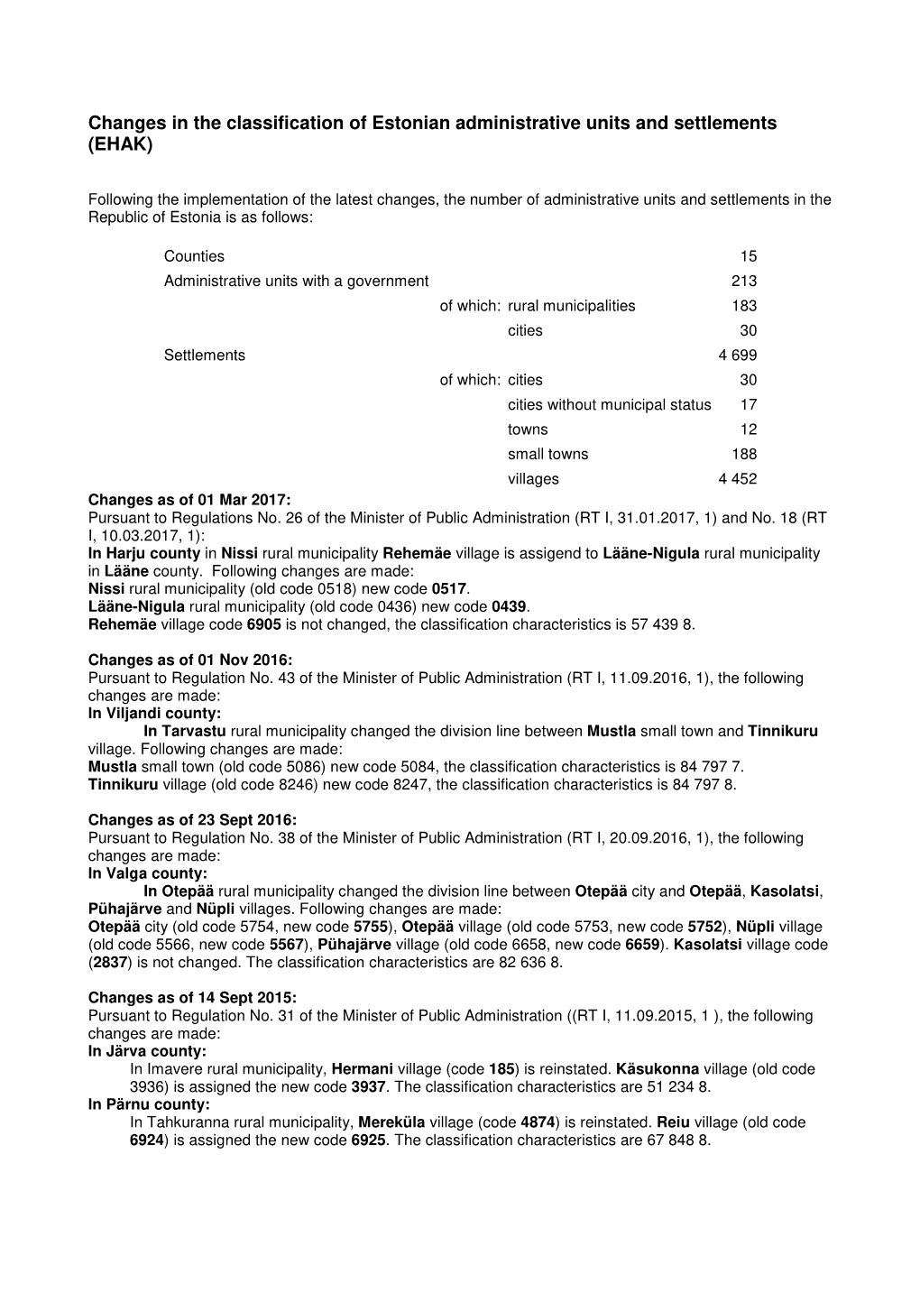 Changes in the Classification of Estonian Administrative Units and Settlements (EHAK)