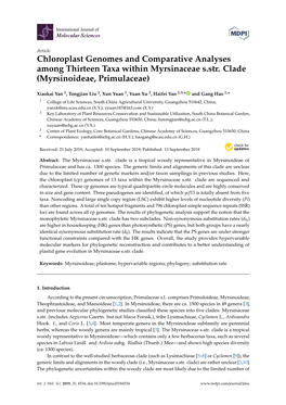 Chloroplast Genomes and Comparative Analyses Among Thirteen Taxa Within Myrsinaceae S.Str