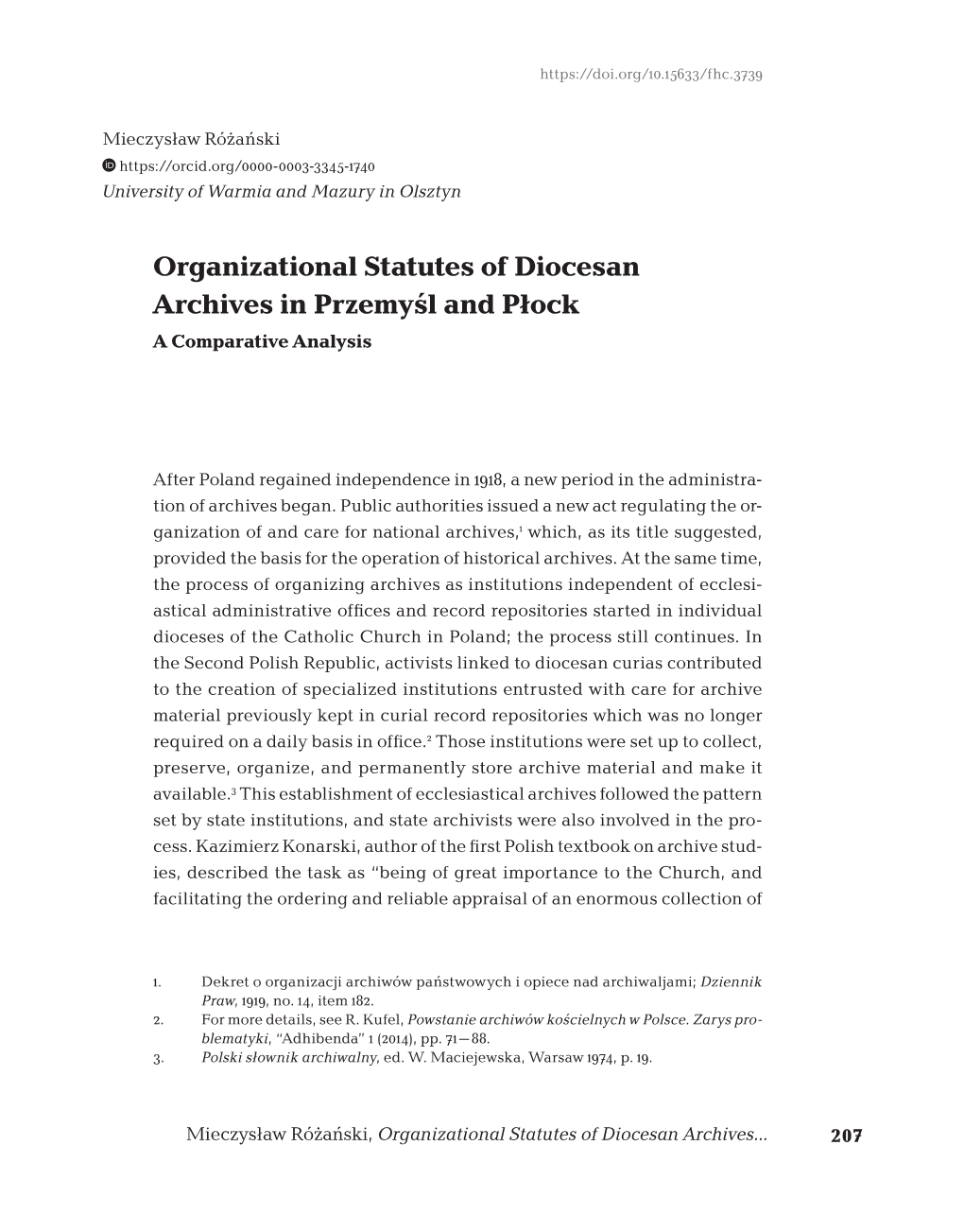 Organizational Statutes of Diocesan Archives in Przemyśl and Płock a Comparative Analysis