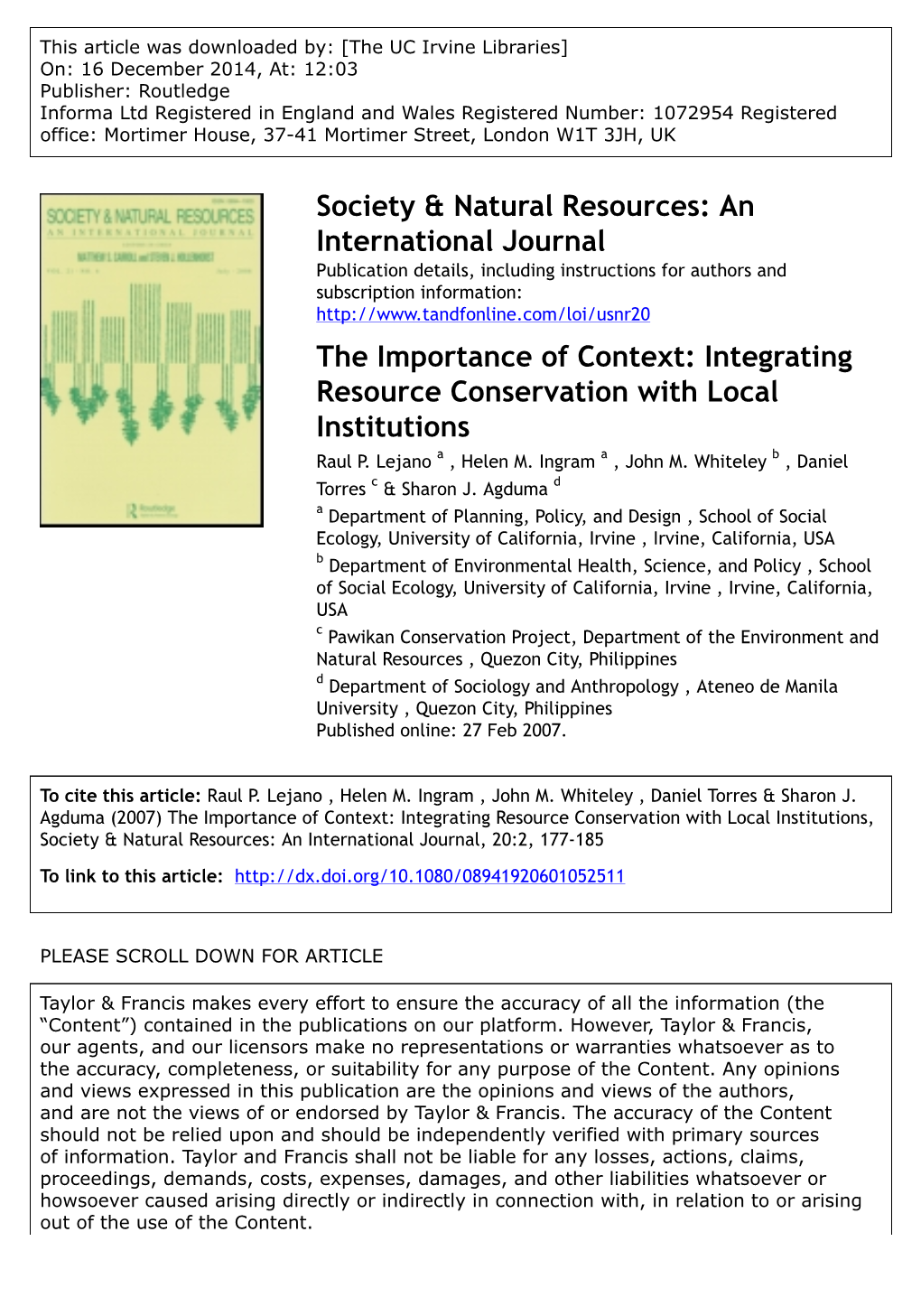 Integrating Resource Conservation with Local Institutions Raul P