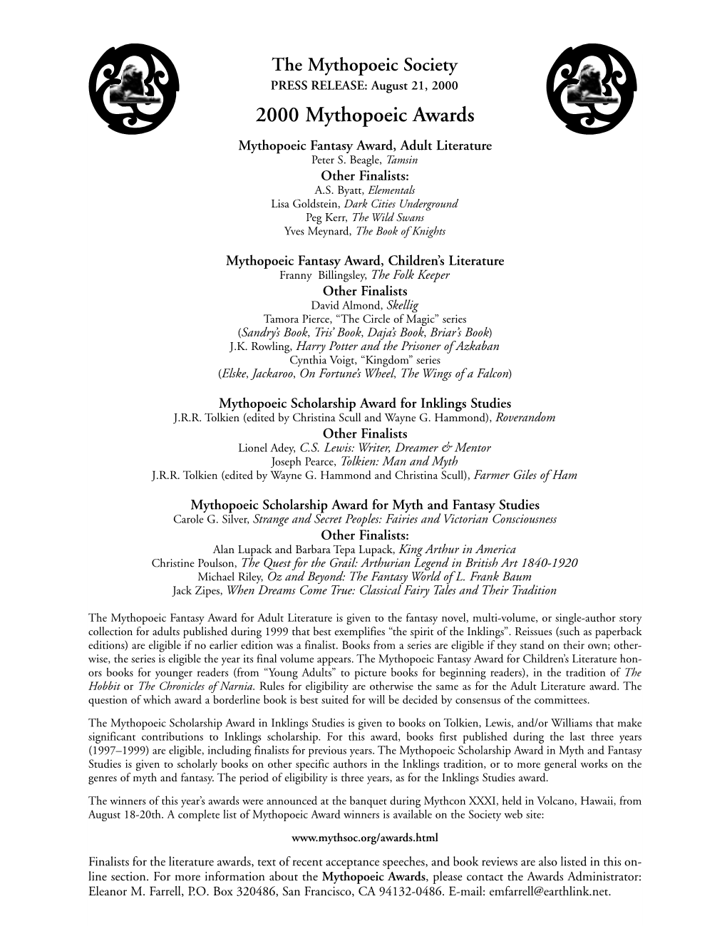 2000 Mythopoeic Awards Mythopoeic Fantasy Award, Adult Literature Peter S