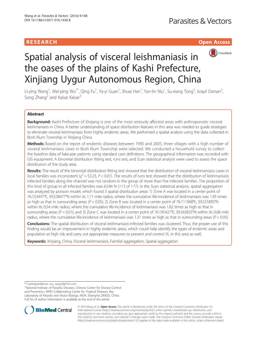 Spatial Analysis of Visceral Leishmaniasis in the Oases of the Plains of Kashi Prefecture, Xinjiang Uygur Autonomous Region