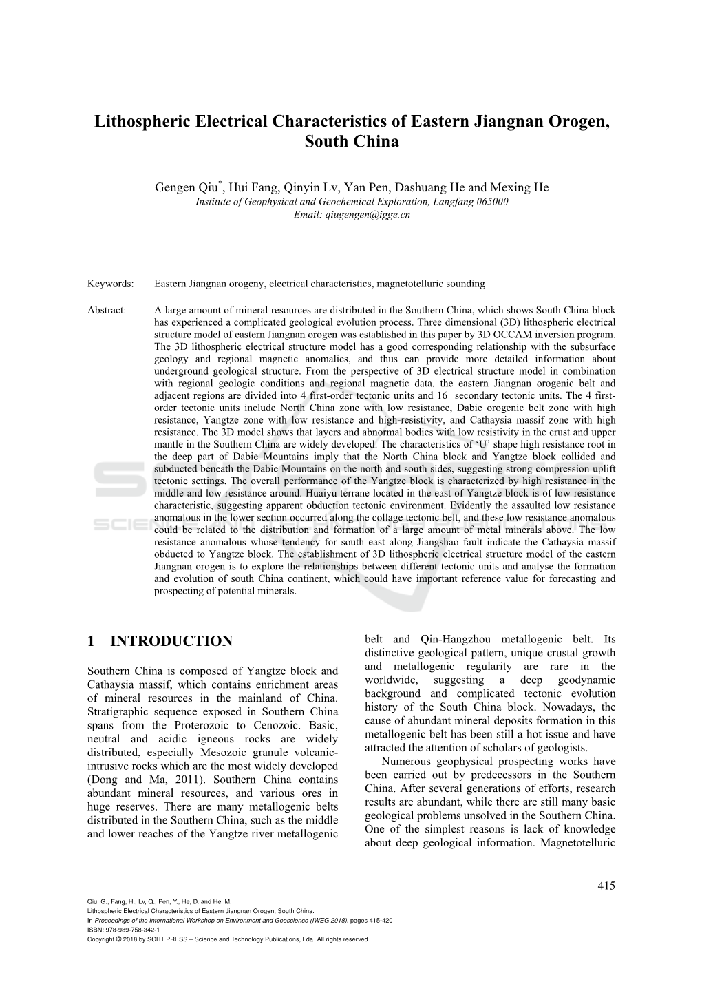 Lithospheric Electrical Characteristics of Eastern Jiangnan Orogen, South China