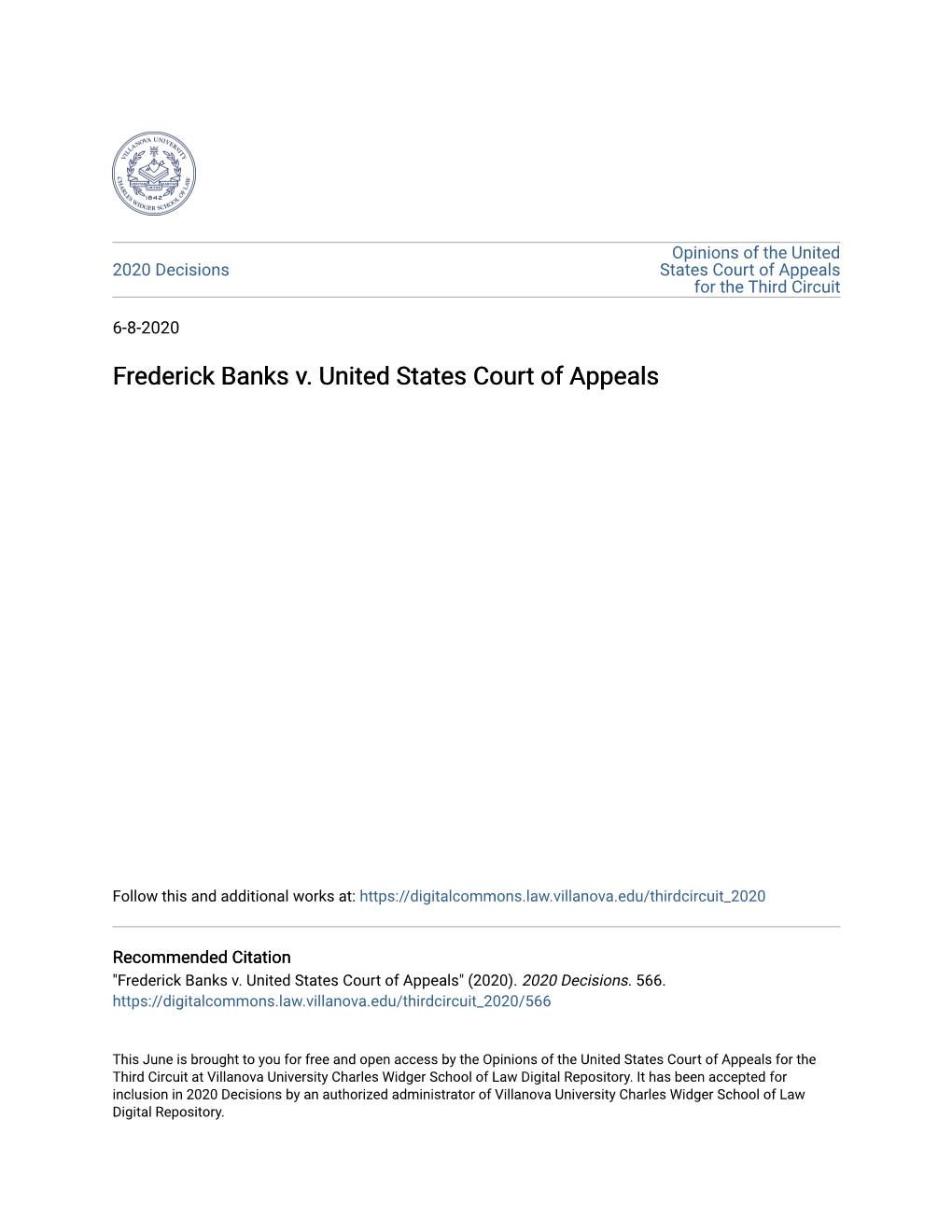 Frederick Banks V. United States Court of Appeals