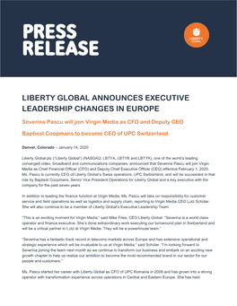 Liberty Global Announces Executive Leadership Changes in Europe