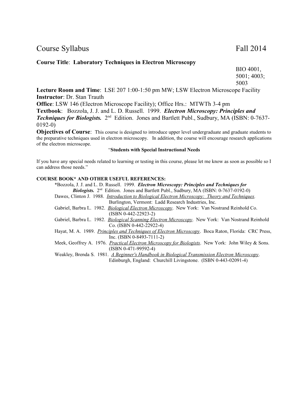 Course Title: Laboratory Techniques in Electron Microscopy