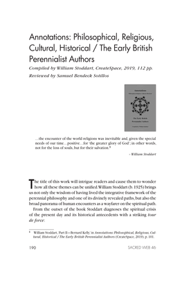 Philosophical, Religious, Cultural, Historical / the Early British Perennialist Authors Compiled by William Stoddart, Createspace, 2019, 112 Pp