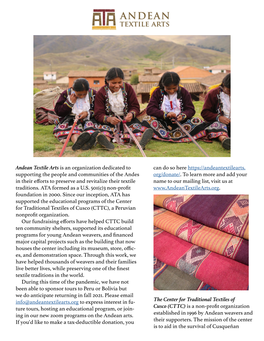 Andean Textile Arts Is an Organization Dedicated to Supporting the People and Communities of the Andes in Their Efforts to Prese