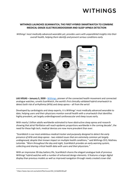 Withings Launches Scanwatch, the First Hybrid Smartwatch to Combine Medical Grade Electrocardiogram and Sleep Apnea Detection
