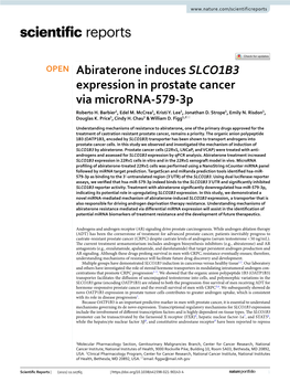Abiraterone Induces SLCO1B3 Expression in Prostate Cancer Via Microrna‑579‑3P Roberto H