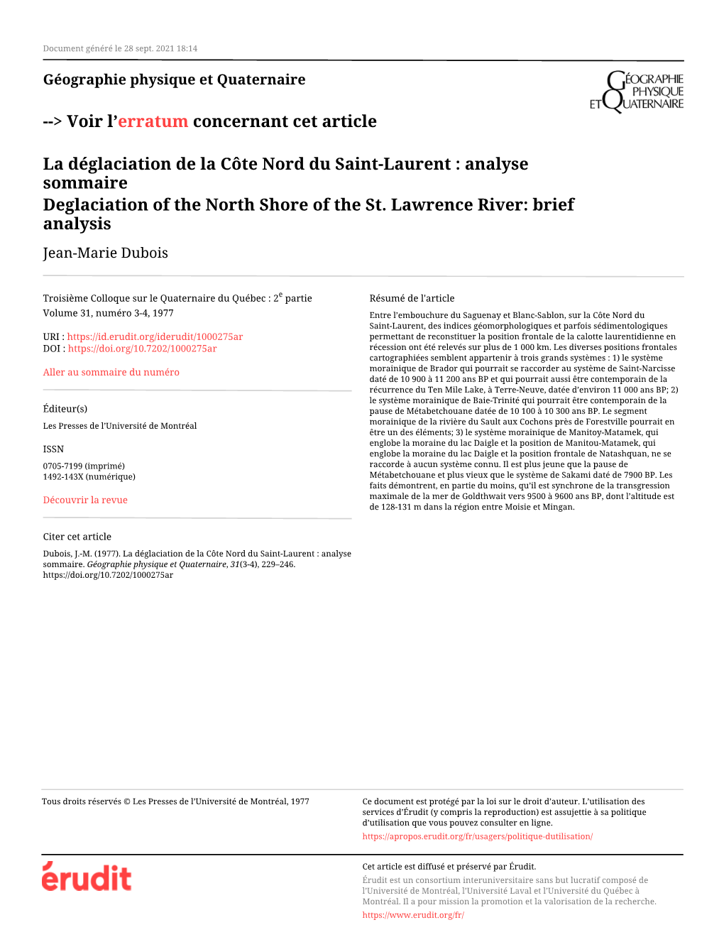 La Déglaciation De La Côte Nord Du Saint-Laurent : Analyse Sommaire Deglaciation of the North Shore of the St