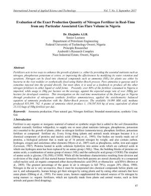 Evaluation of the Exact Production Quantity of Nitrogen Fertilizer in Real-Time from Any Particular Associated Gas Flare Volume in Nigeria