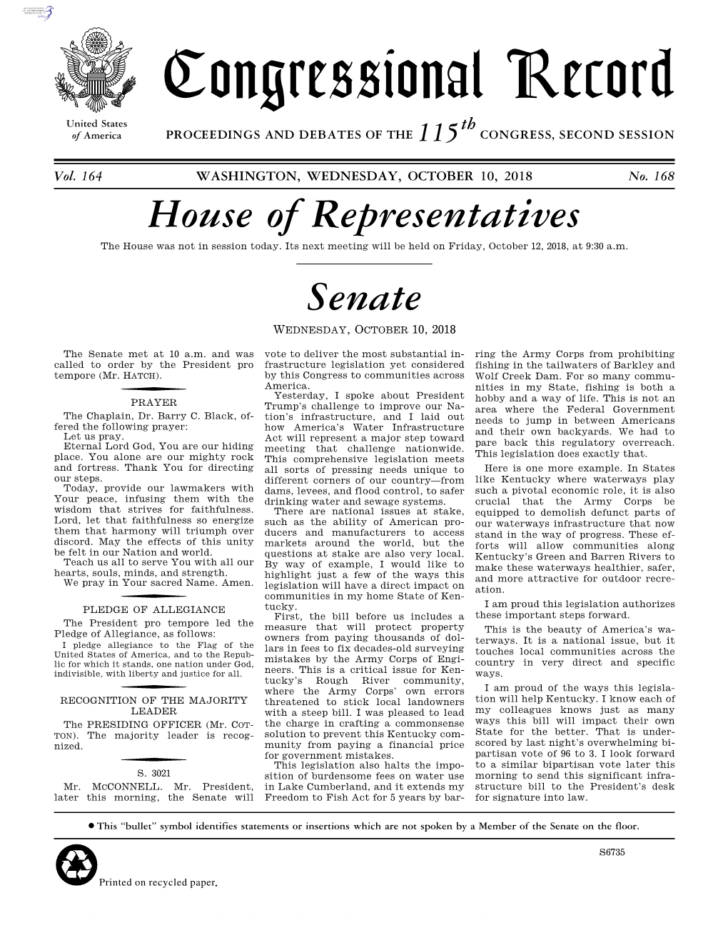 Congressional Record United States Th of America PROCEEDINGS and DEBATES of the 115 CONGRESS, SECOND SESSION