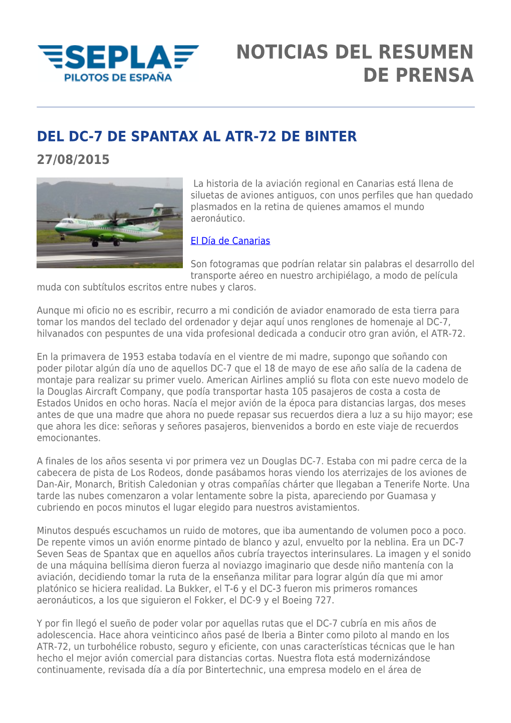 Noticias Del Resumen De Prensa Del Dc-7 De Spantax Al Atr-72 De Binter 27