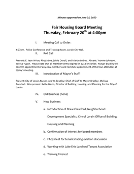 Fair Housing Board Meeting Thursday, February 20 at 4:00Pm