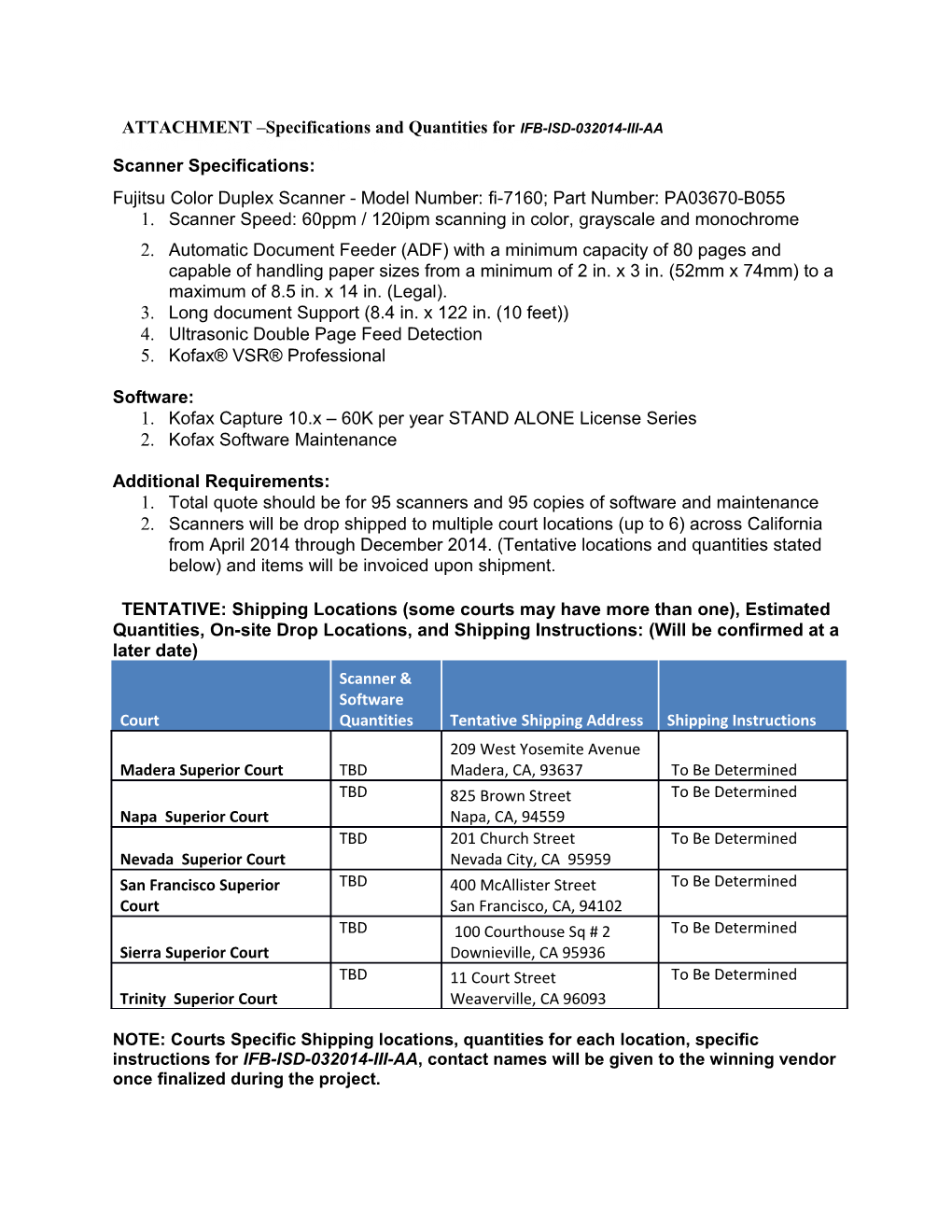 ATTACHMENT Specifications and Quantities for IFB-ISD-032014-III-AA