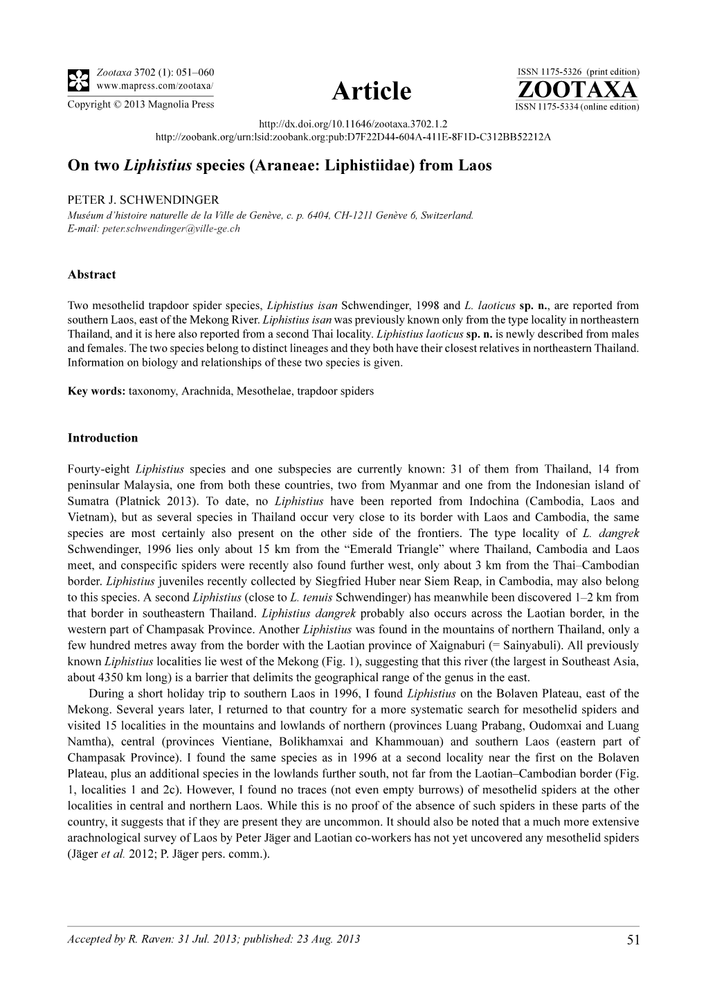 On Two Liphistius Species (Araneae: Liphistiidae) from Laos