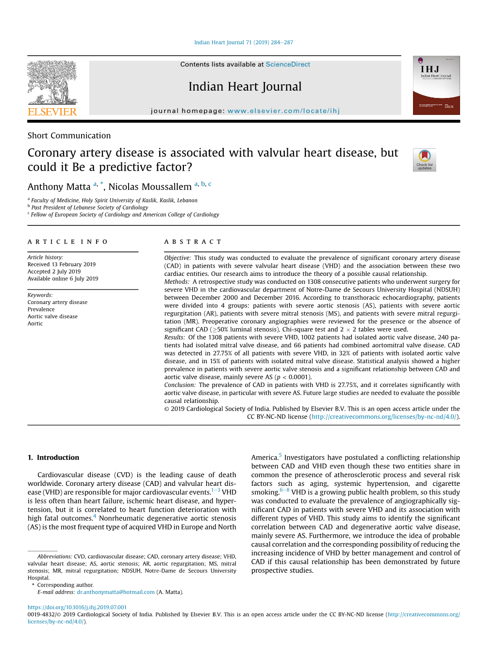 Coronary Artery Disease Is Associated with Valvular Heart Disease, but Could It Be a Predictive Factor?