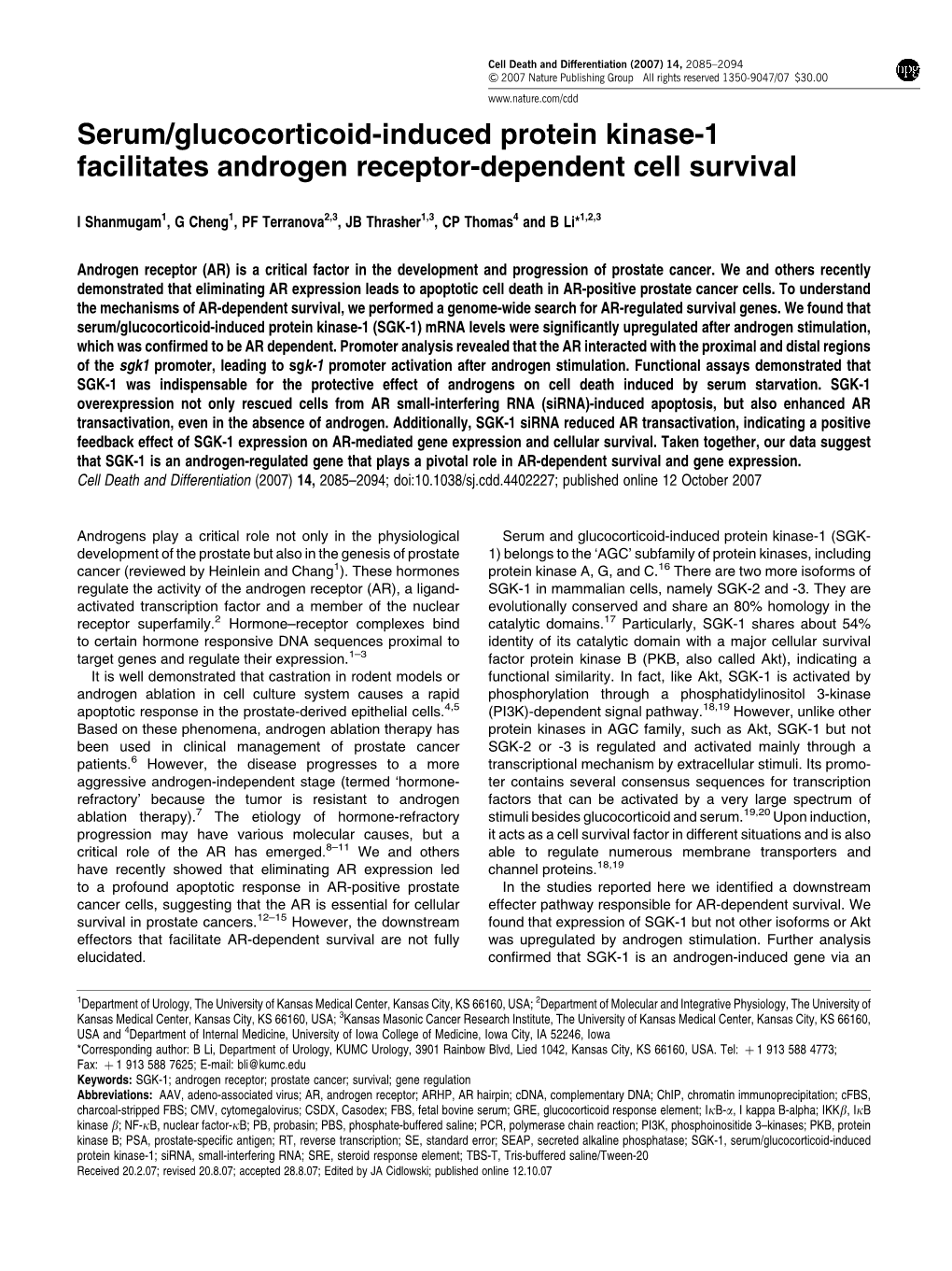 Serum/Glucocorticoid-Induced Protein Kinase-1 Facilitates Androgen Receptor-Dependent Cell Survival