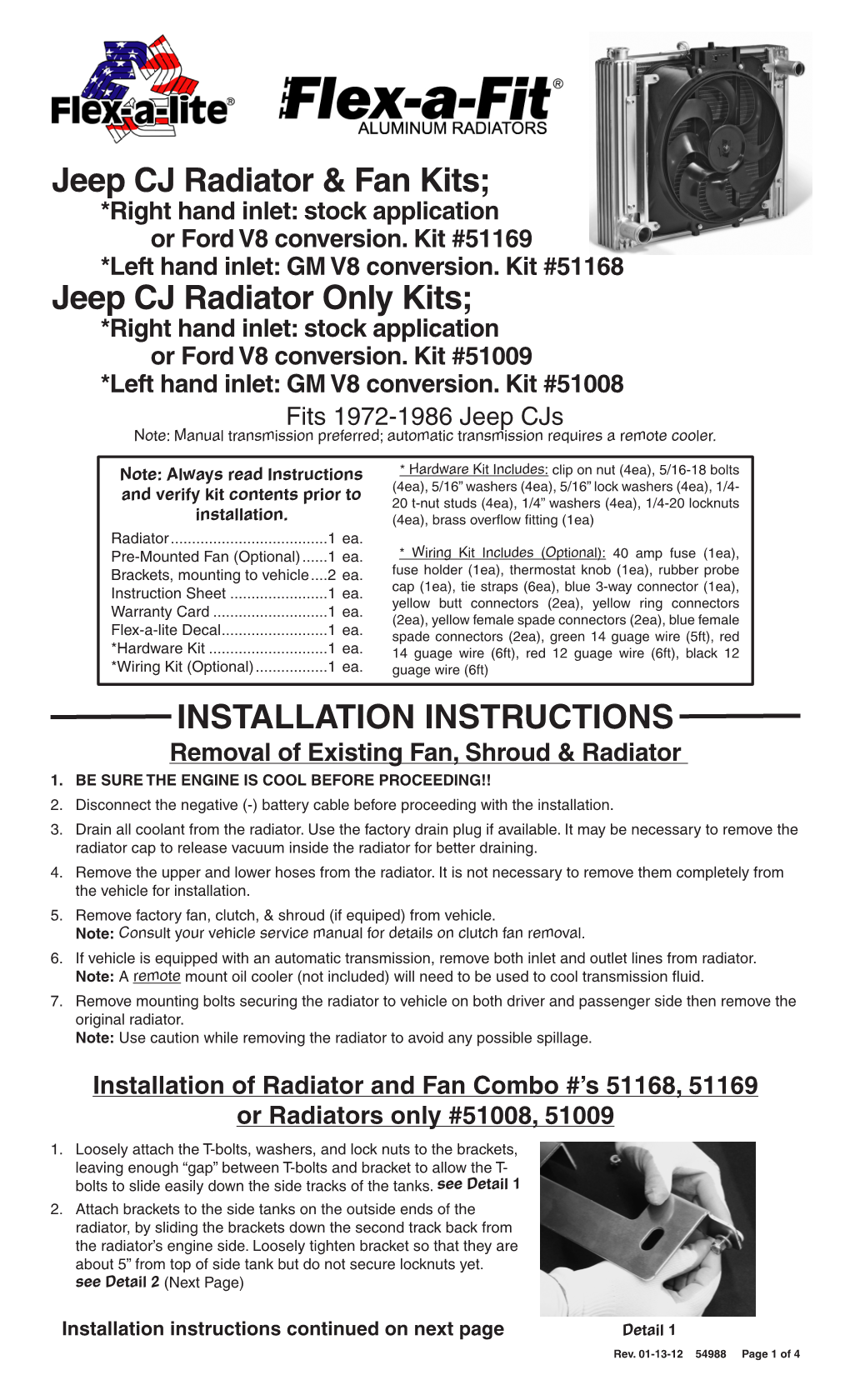 INSTALLATION INSTRUCTIONS Jeep CJ Radiator & Fan Kits