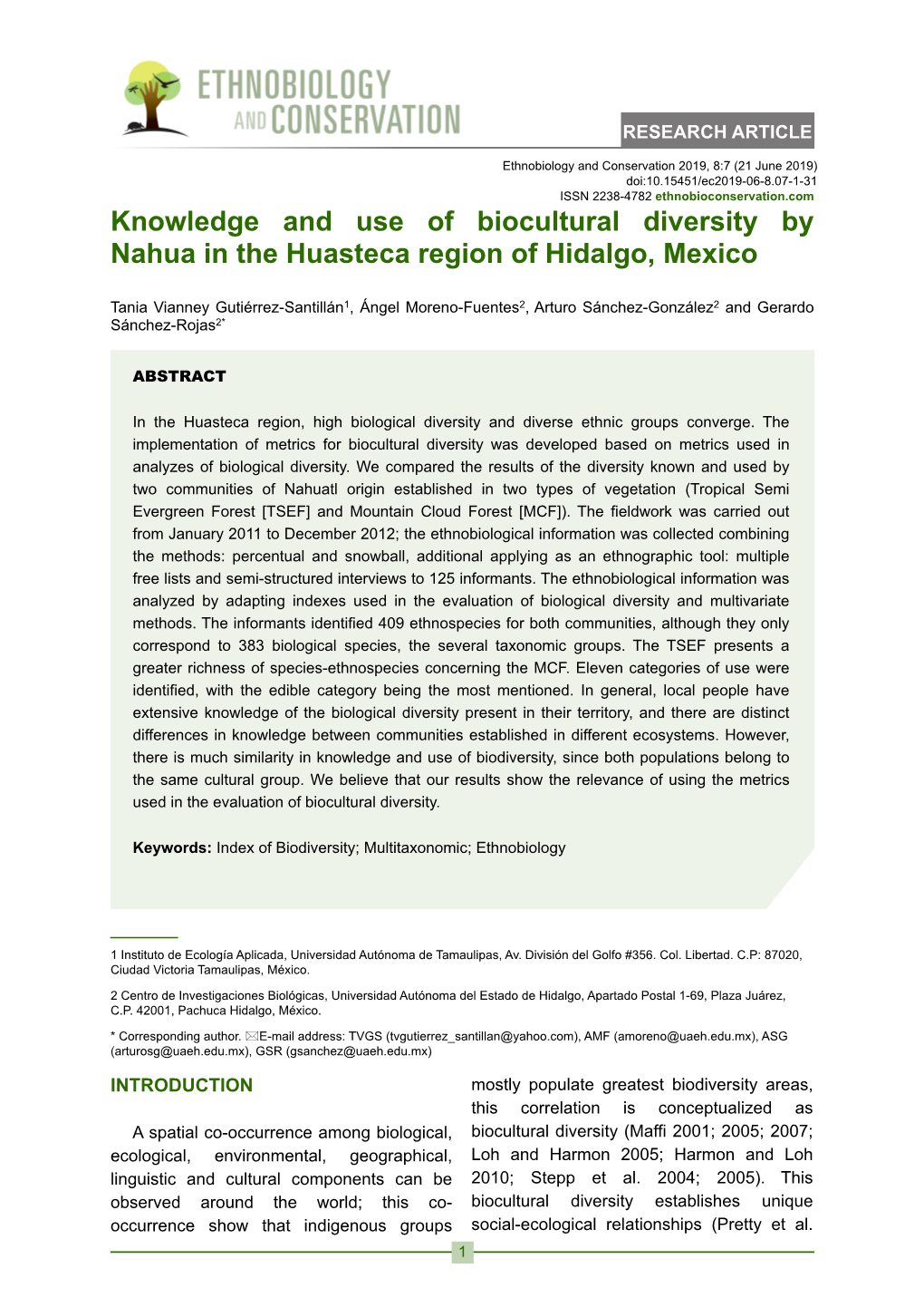 Knowledge and Use of Biocultural Diversity by Nahua in the Huasteca Region of Hidalgo, Mexico