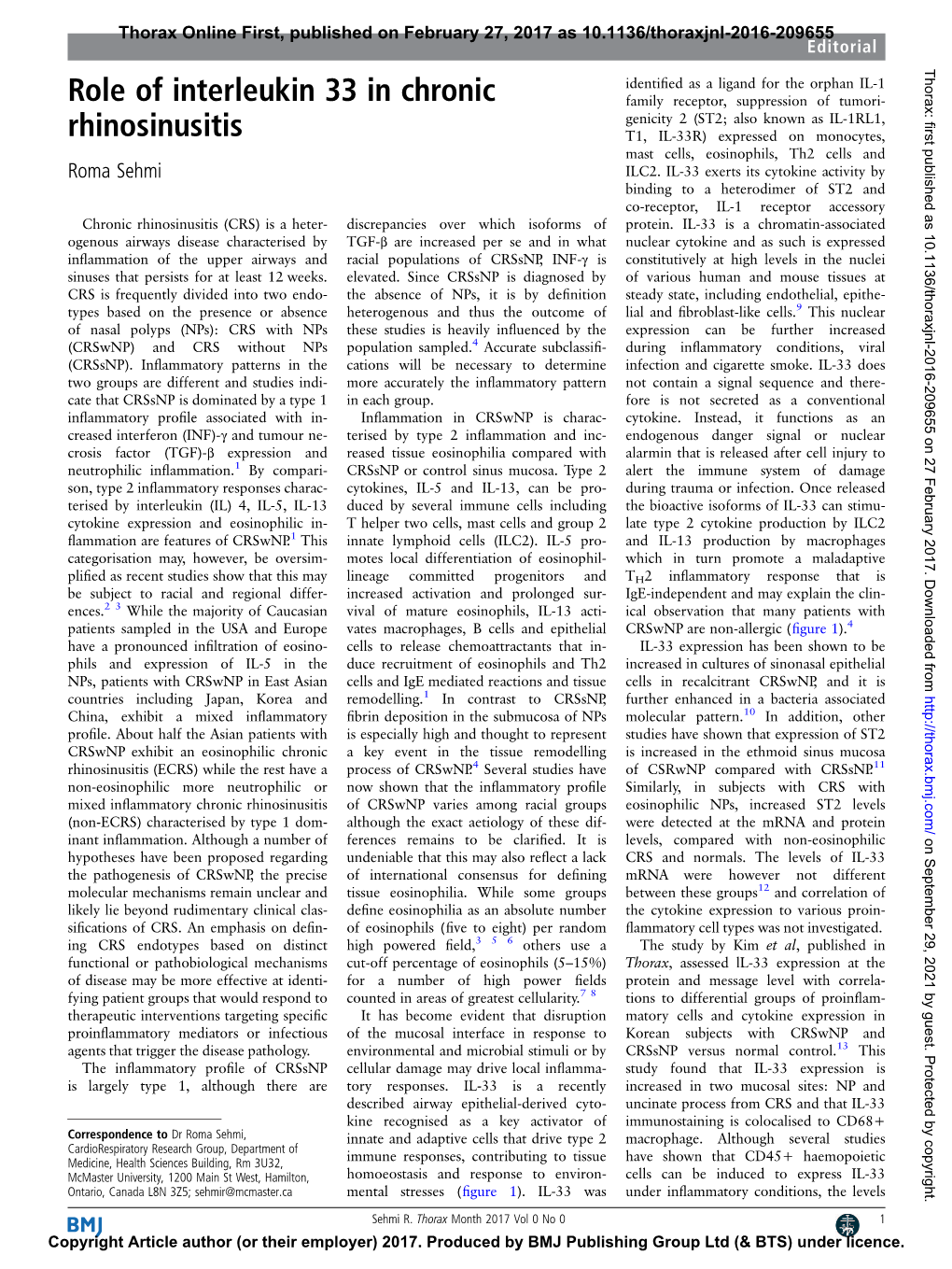 Role of Interleukin 33 in Chronic Rhinosinusitis