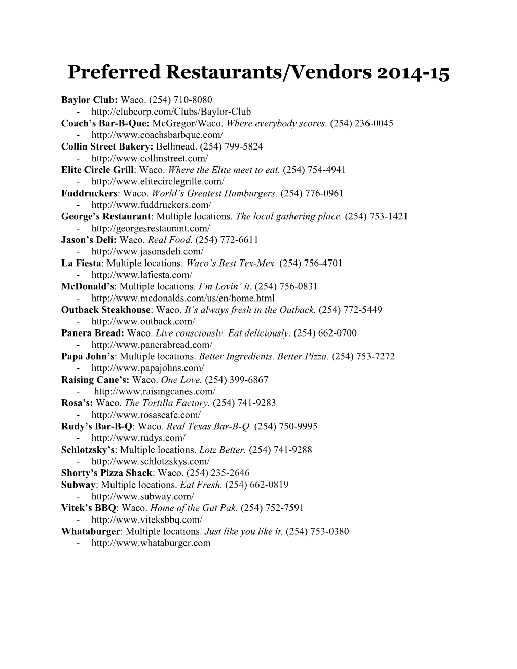 Preferred Restaurants/Vendors 2014-15