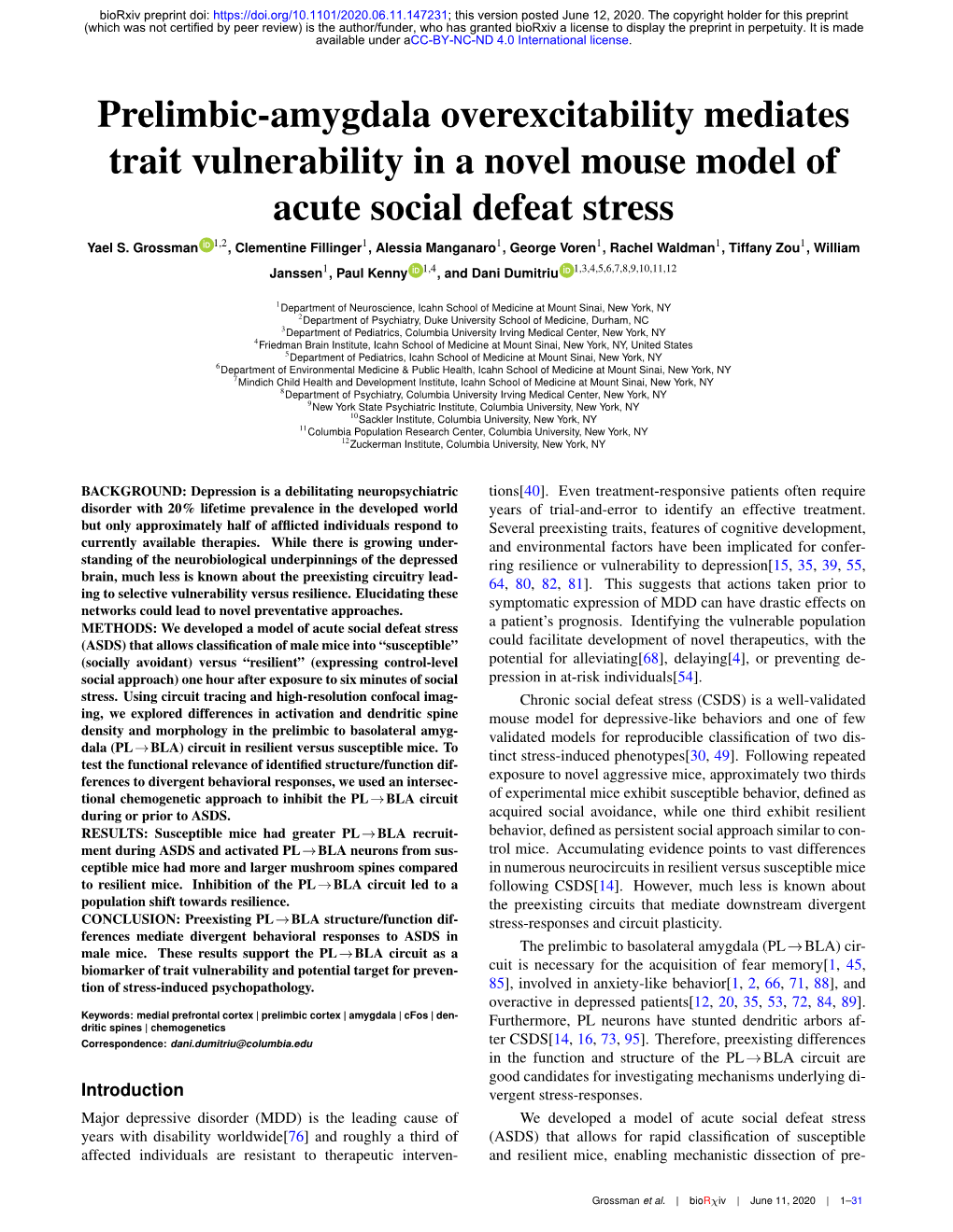 Prelimbic-Amygdala Overexcitability Mediates Trait Vulnerability in a Novel Mouse Model of Acute Social Defeat Stress