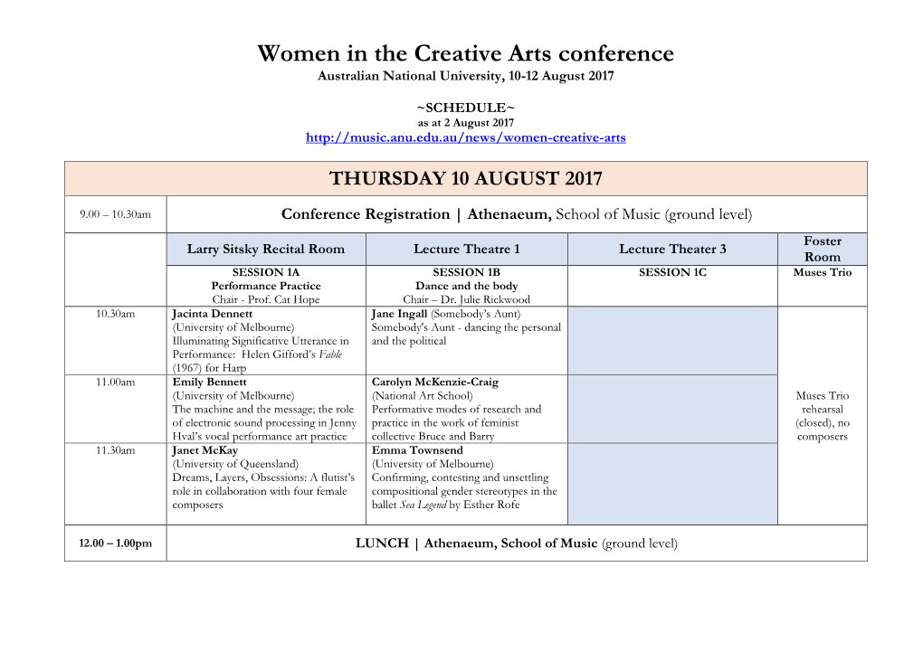 Women in the Creative Arts Conference Australian National University, 10-12 August 2017