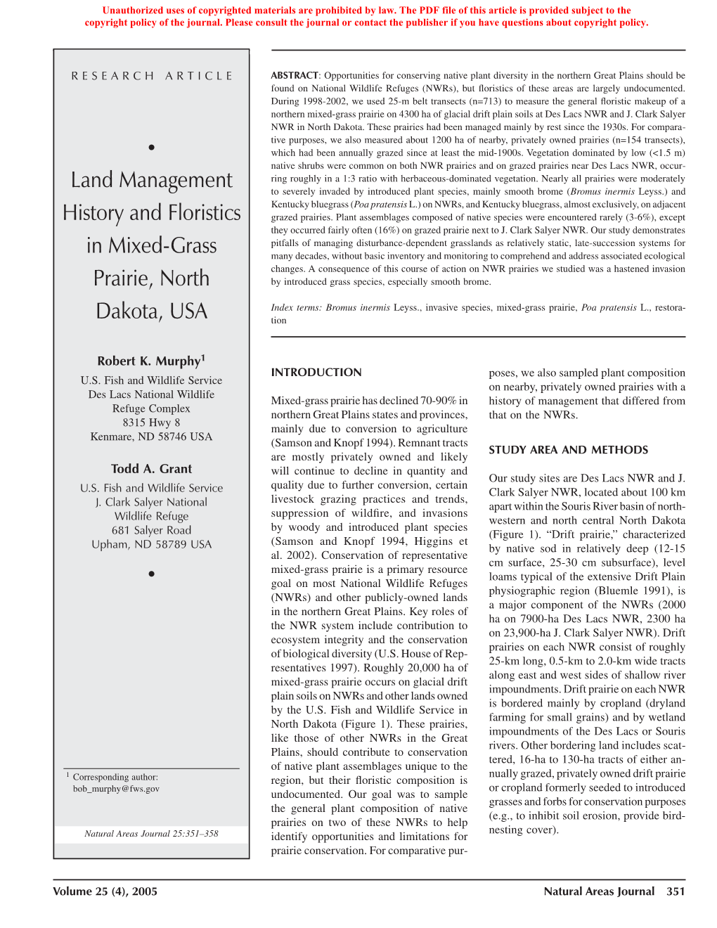 Land Management History and Floristics in Mixed-Grass Prairie