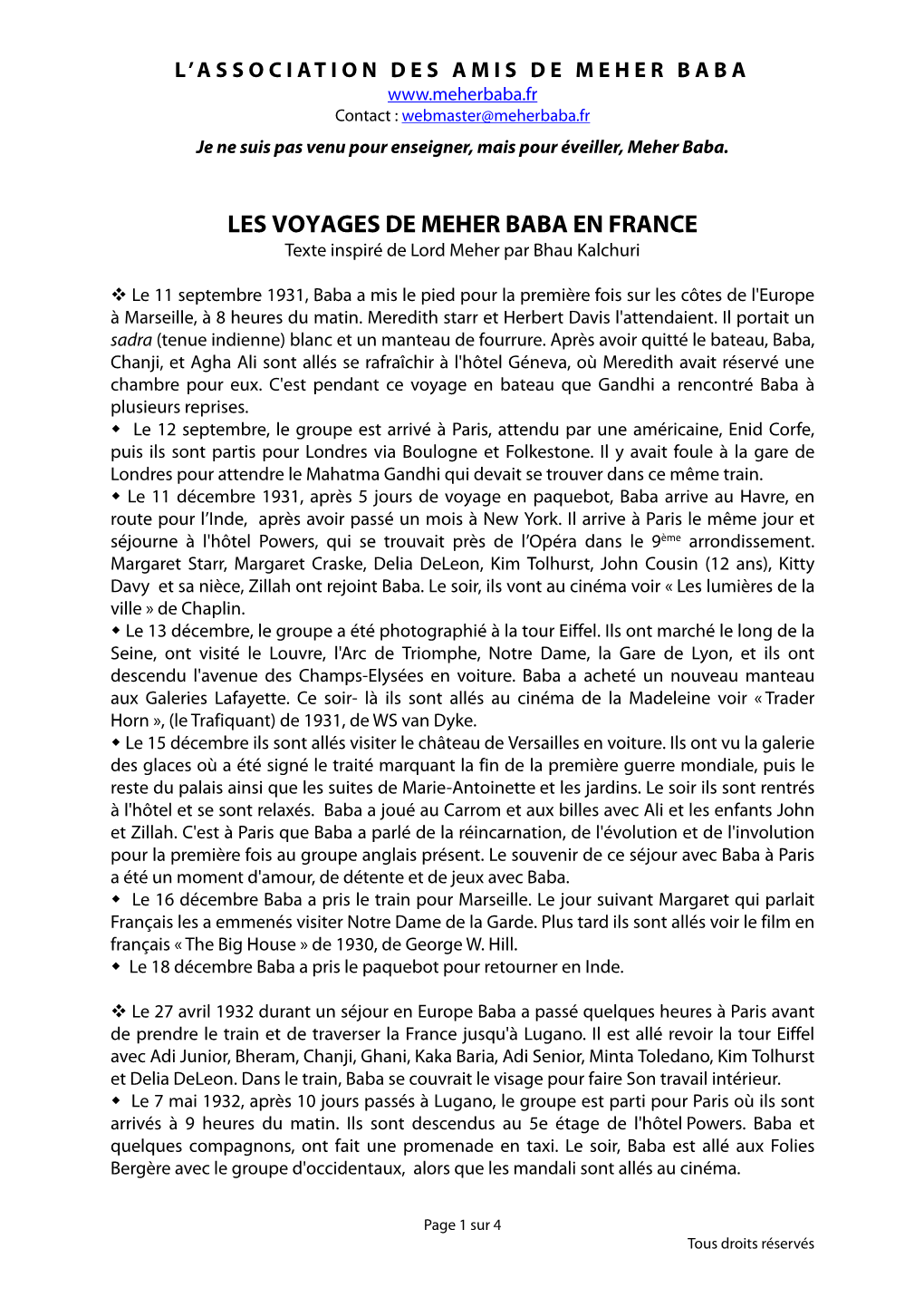 LES VOYAGES DE MEHER BABA EN FRANCE Texte Inspiré De Lord Meher Par Bhau Kalchuri