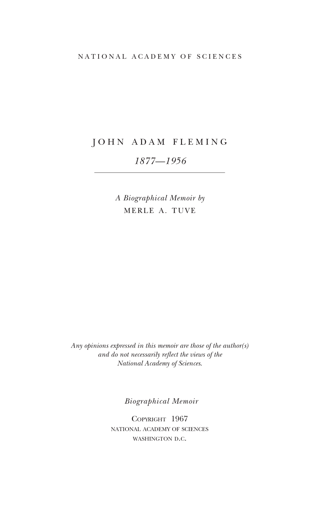 JOHN ADAM FLEMING January 28,187/'-July 29,1956